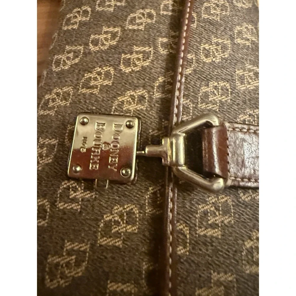 Vintage Dooney & Bourke Brown Leather Canvas Logo Trifold Checkbook Wallet